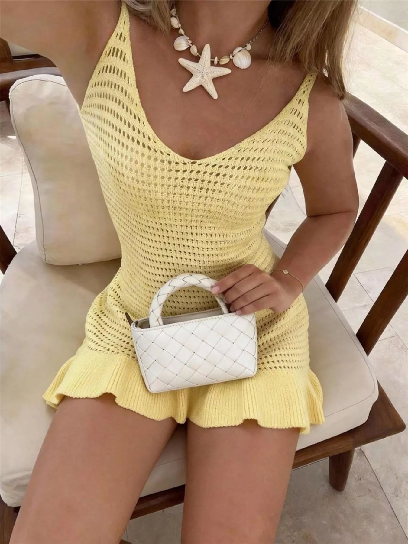 V-Neck Crochet Knit Sweater Mini Summer Dress