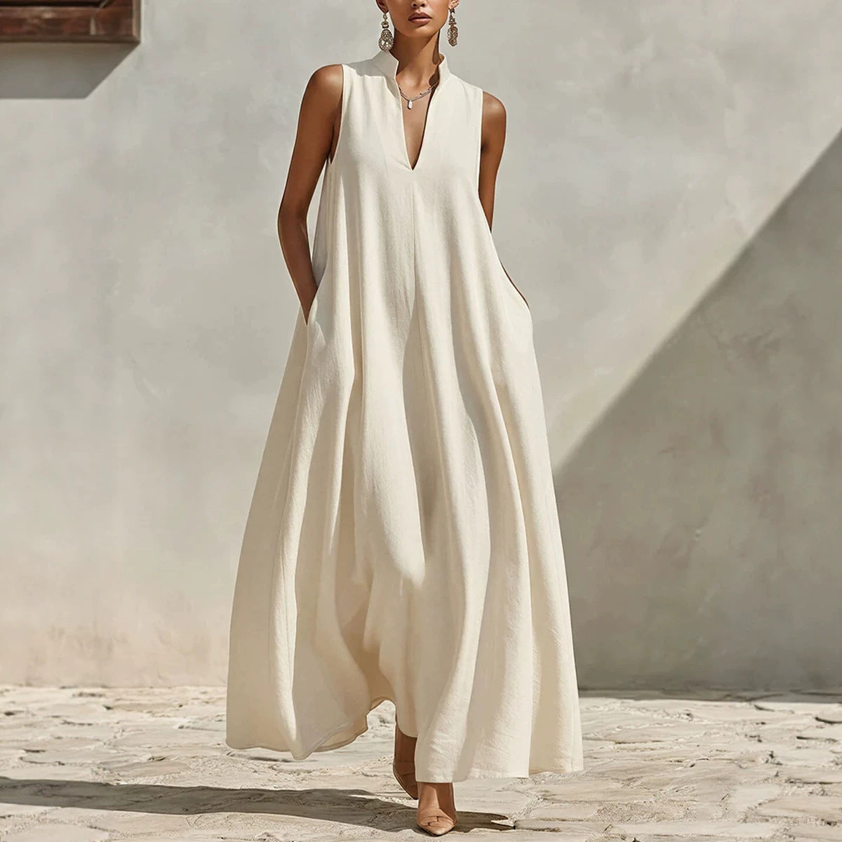 Linen Blend Sleeveless Stand-Collar Maxi Dress – 5 Colors S–3XL