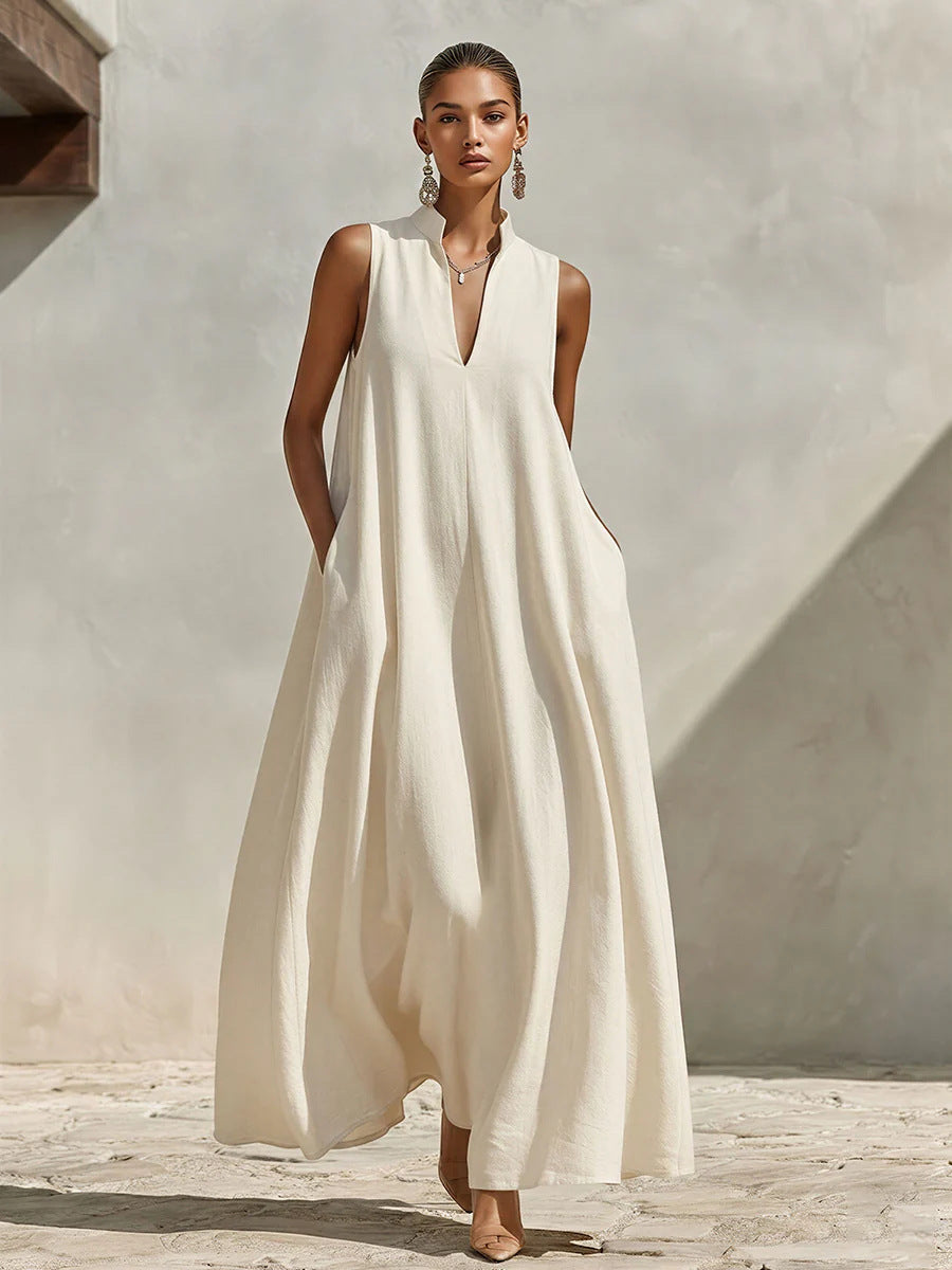 Linen Blend Sleeveless Stand-Collar Maxi Dress – 5 Colors S–3XL