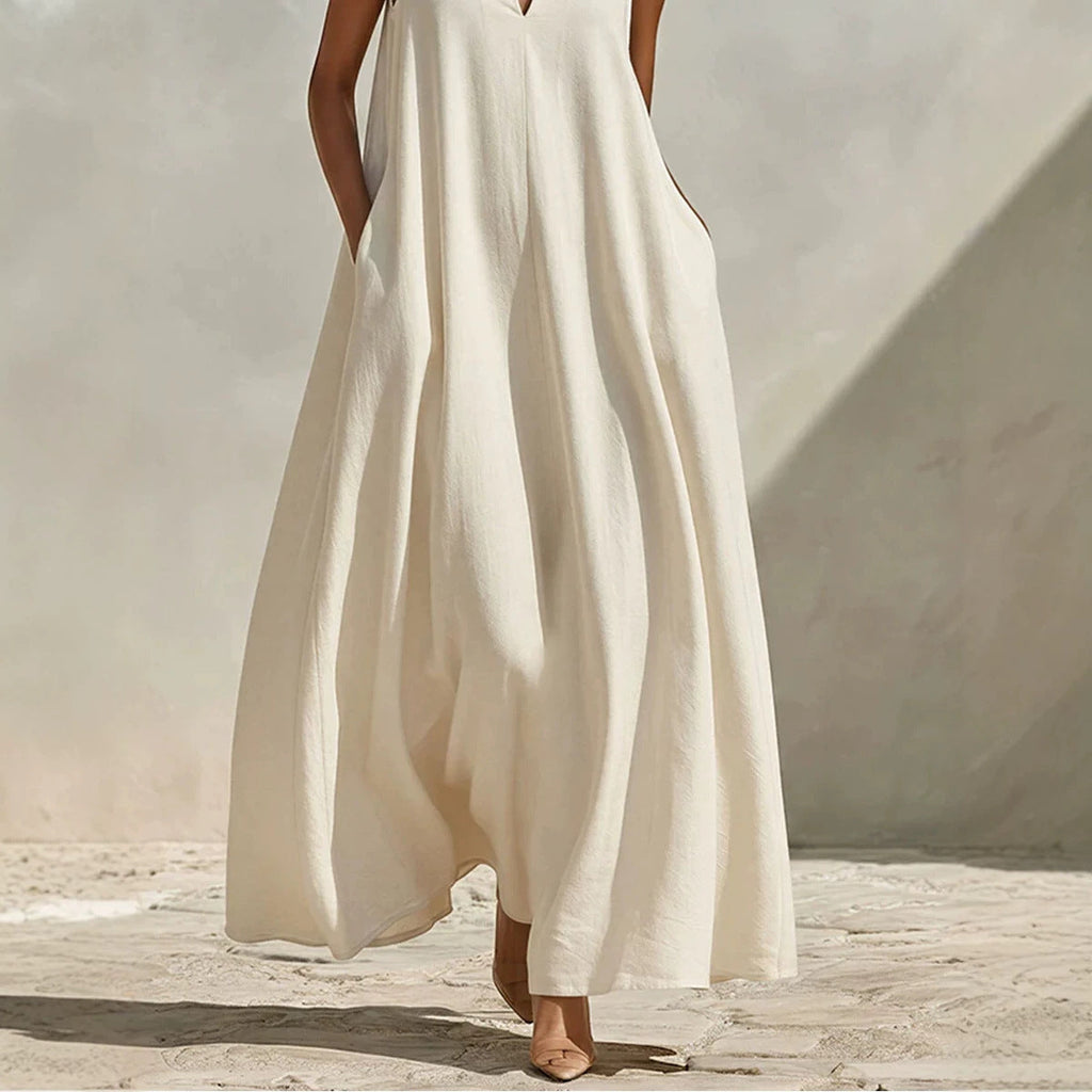 Linen Blend Sleeveless Stand-Collar Maxi Dress – 5 Colors S–3XL